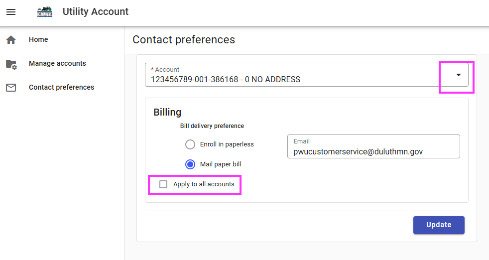 eBill configuration settings in the Utility Access portal