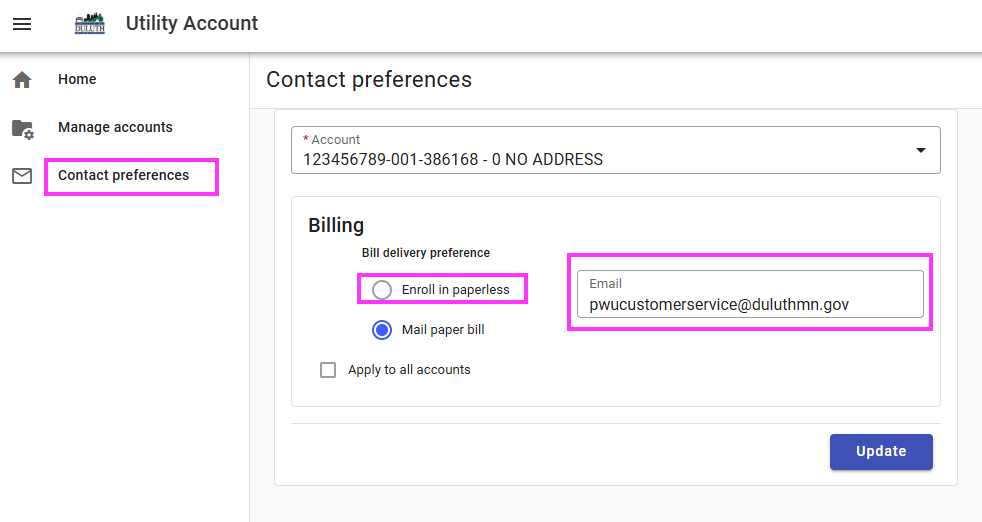 eBill enrollment section of the Utility Access Portal